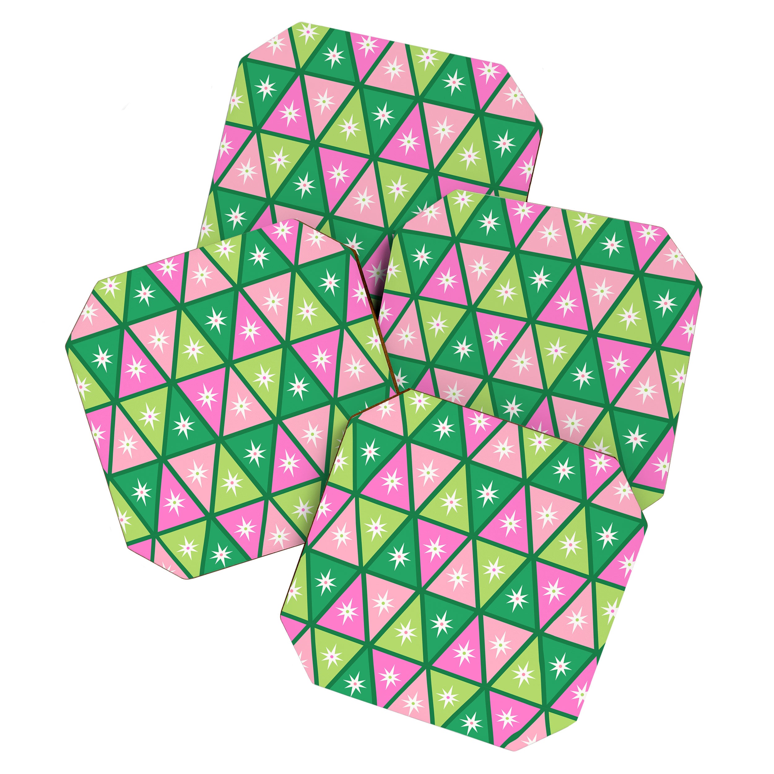 Mid-Century Modern Geometric Christmas Triangles - Green and Pink Coaster Gallery Image 1