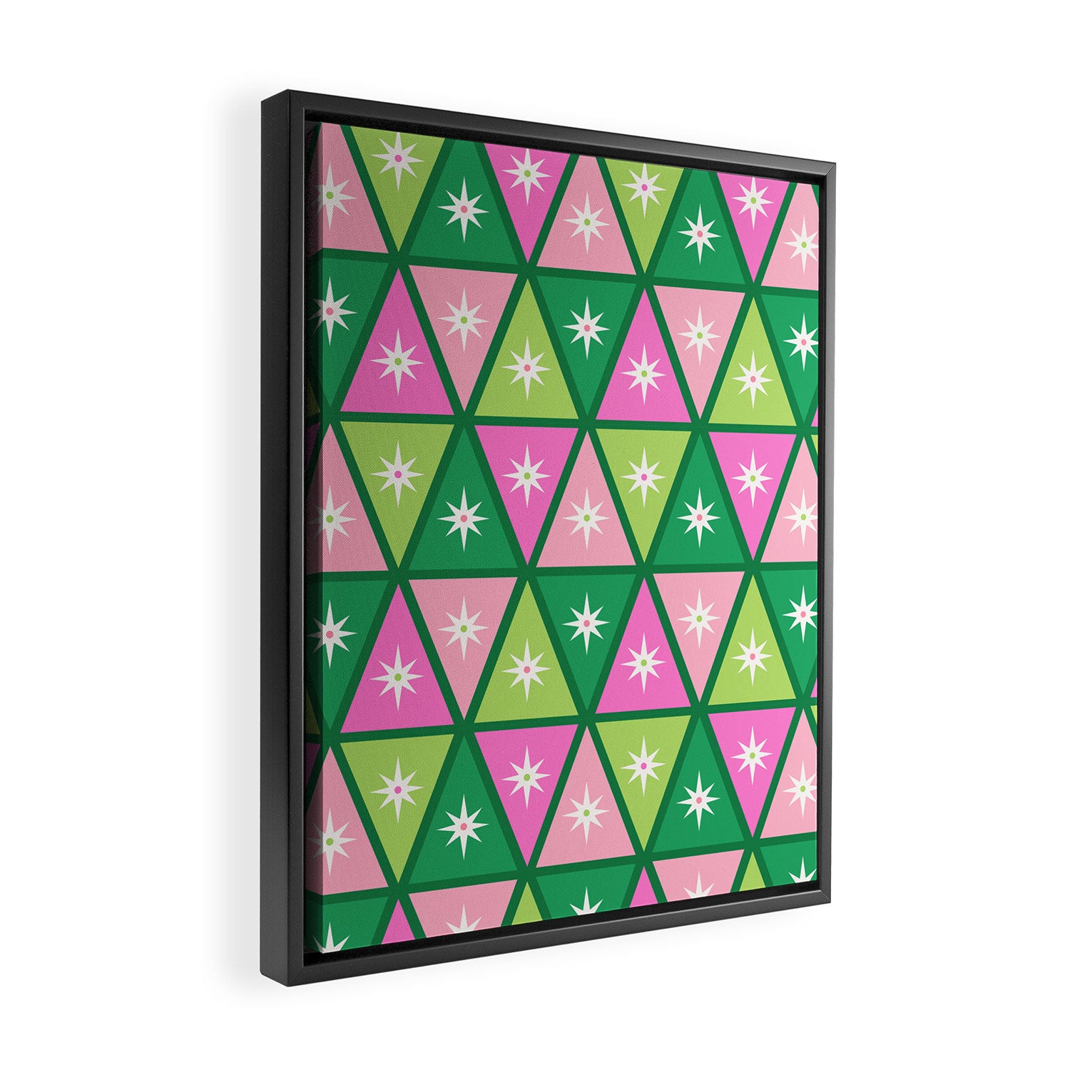 Mid-Century Modern Geometric Christmas Triangles - Green and Pink Framed Canvas Print Gallery Image 2