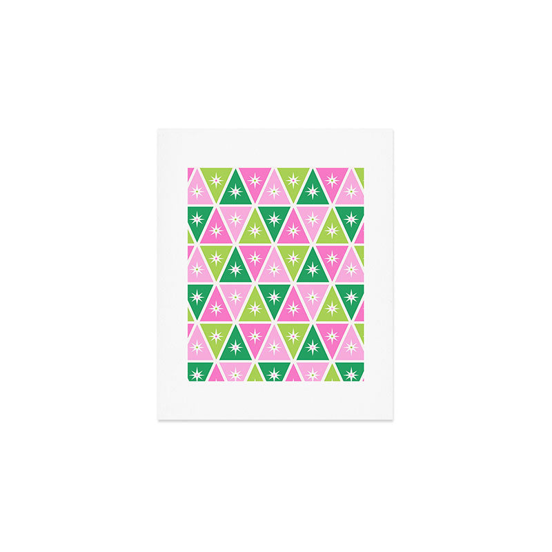 Mid-Century Modern Geometric Christmas Triangles - Green Pink White Art Print Gallery Image 1