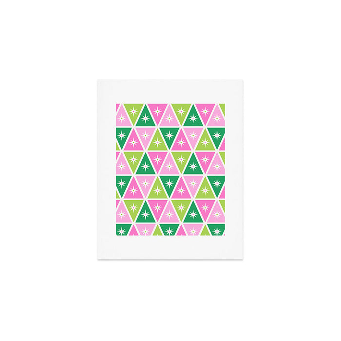 Mid-Century Modern Geometric Christmas Triangles - Green Pink White Art Print Gallery Image 1