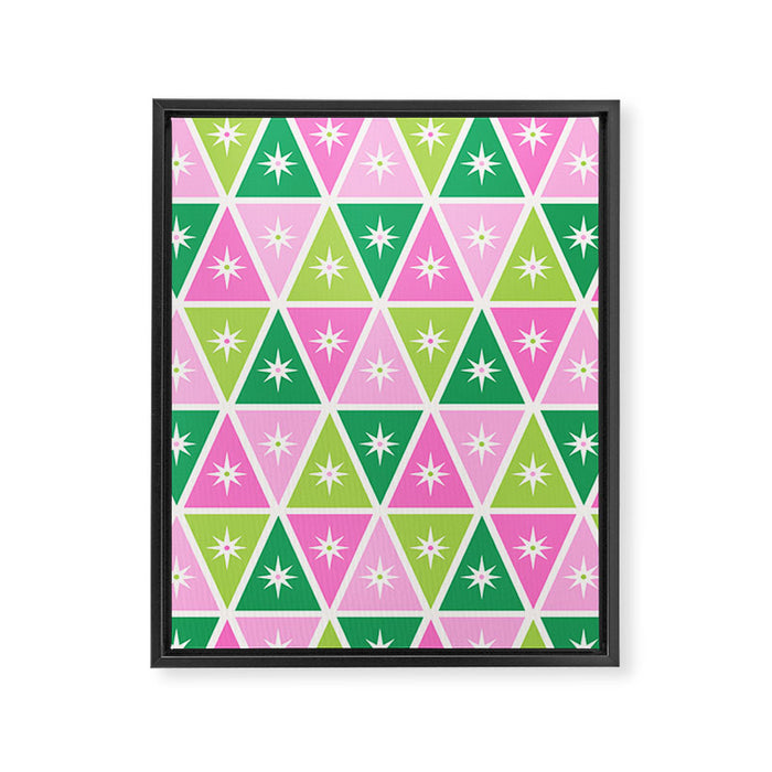 Mid-Century Modern Geometric Christmas Triangles - Green Pink White Framed Canvas Print Gallery Image 1