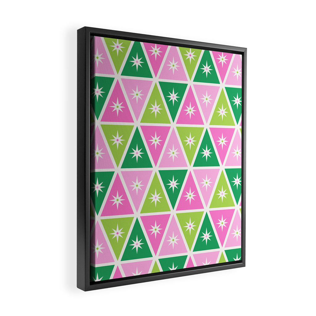 Mid-Century Modern Geometric Christmas Triangles - Green Pink White Framed Canvas Print Gallery Image 2