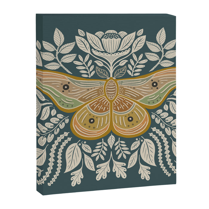 Moth Floral | Gold, Blue-Green Canvas Print Gallery Image 1