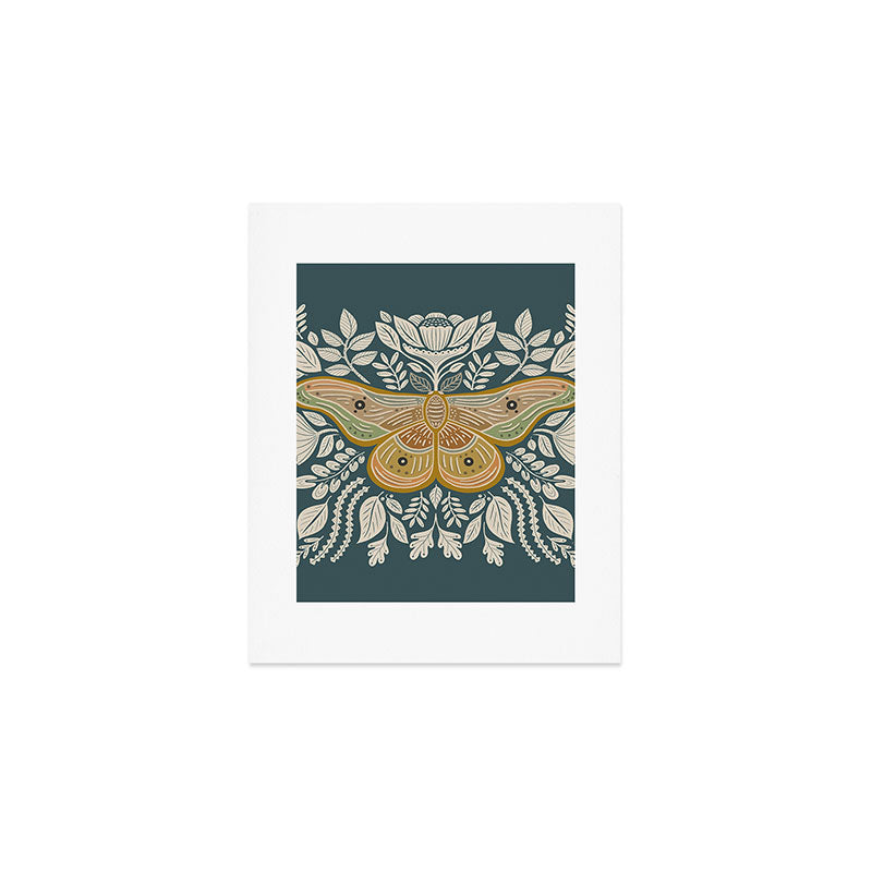 Moth Floral | Gold, Blue-Green Art Print Gallery Image 1