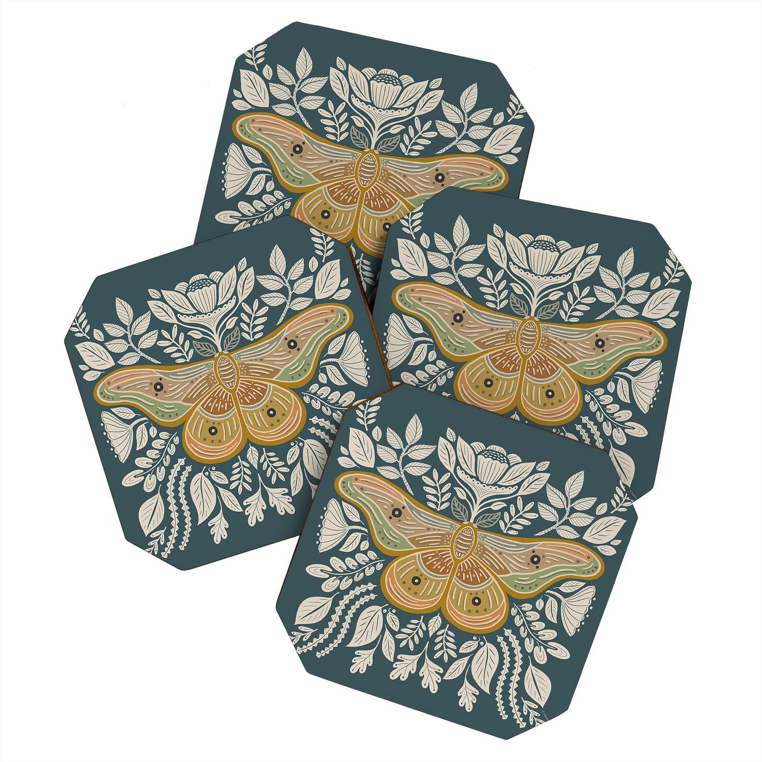 Moth Floral | Gold, Blue-Green Coaster Gallery Image 1