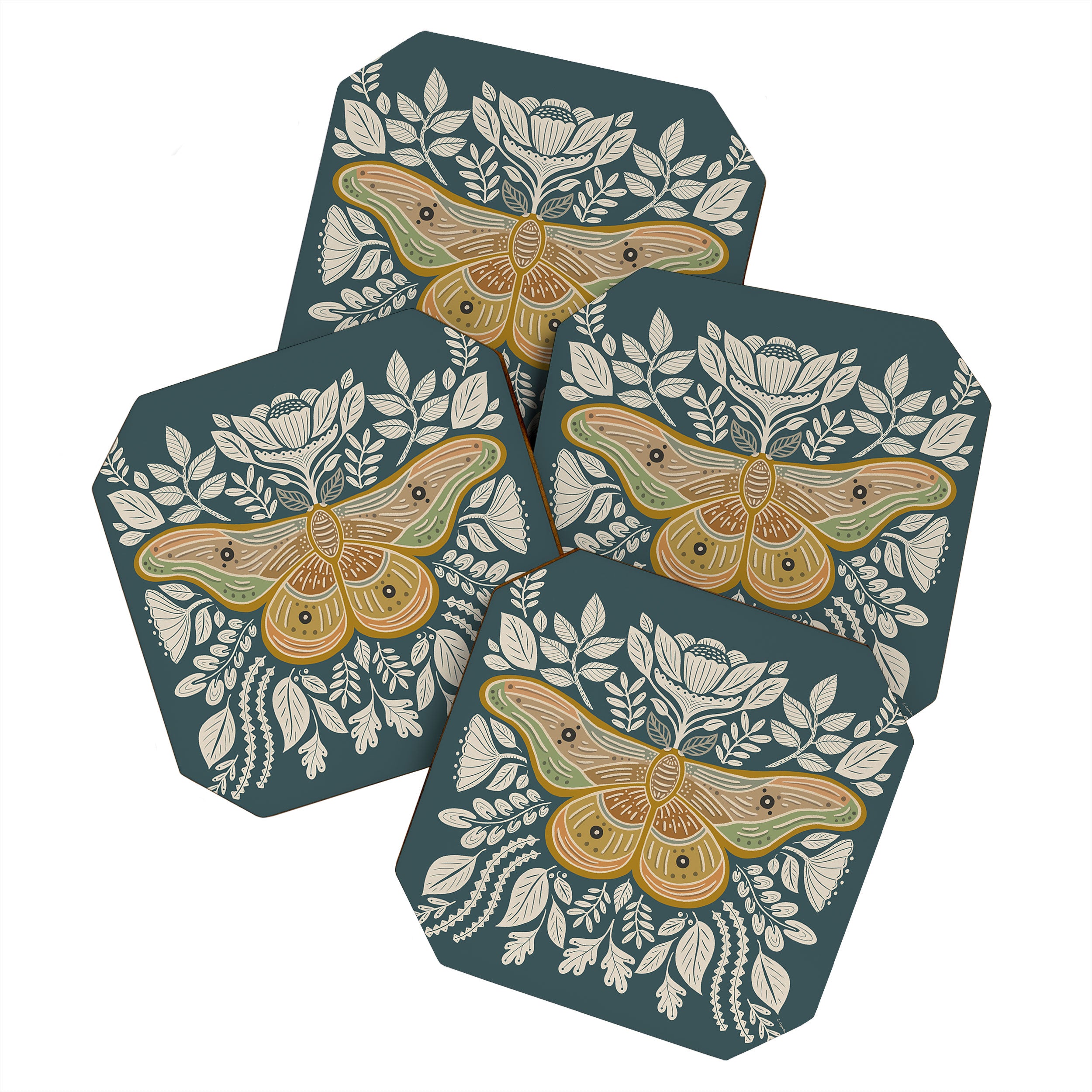 Moth Floral | Gold, Blue-Green Coaster Gallery Image 1