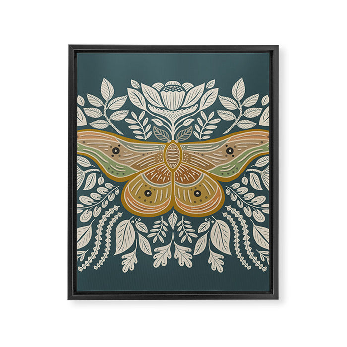 Moth Floral | Gold, Blue-Green Framed Canvas Print Gallery Image 1