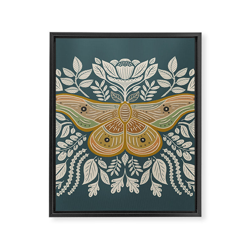 Moth Floral | Gold, Blue-Green Framed Canvas Print Gallery Image 8