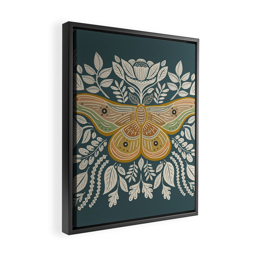Moth Floral | Gold, Blue-Green Framed Canvas Print Gallery Image 2