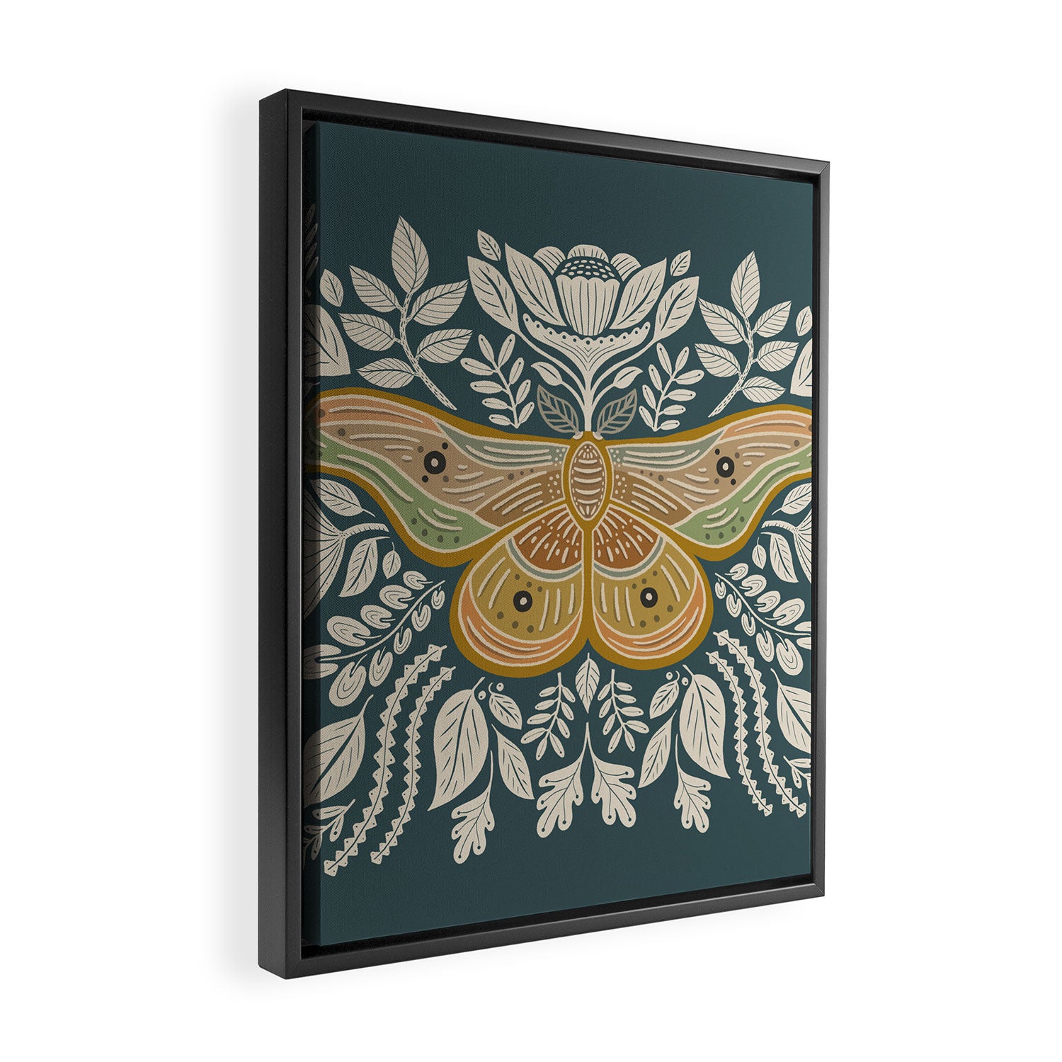 Moth Floral | Gold, Blue-Green Framed Canvas Print Gallery Image 2