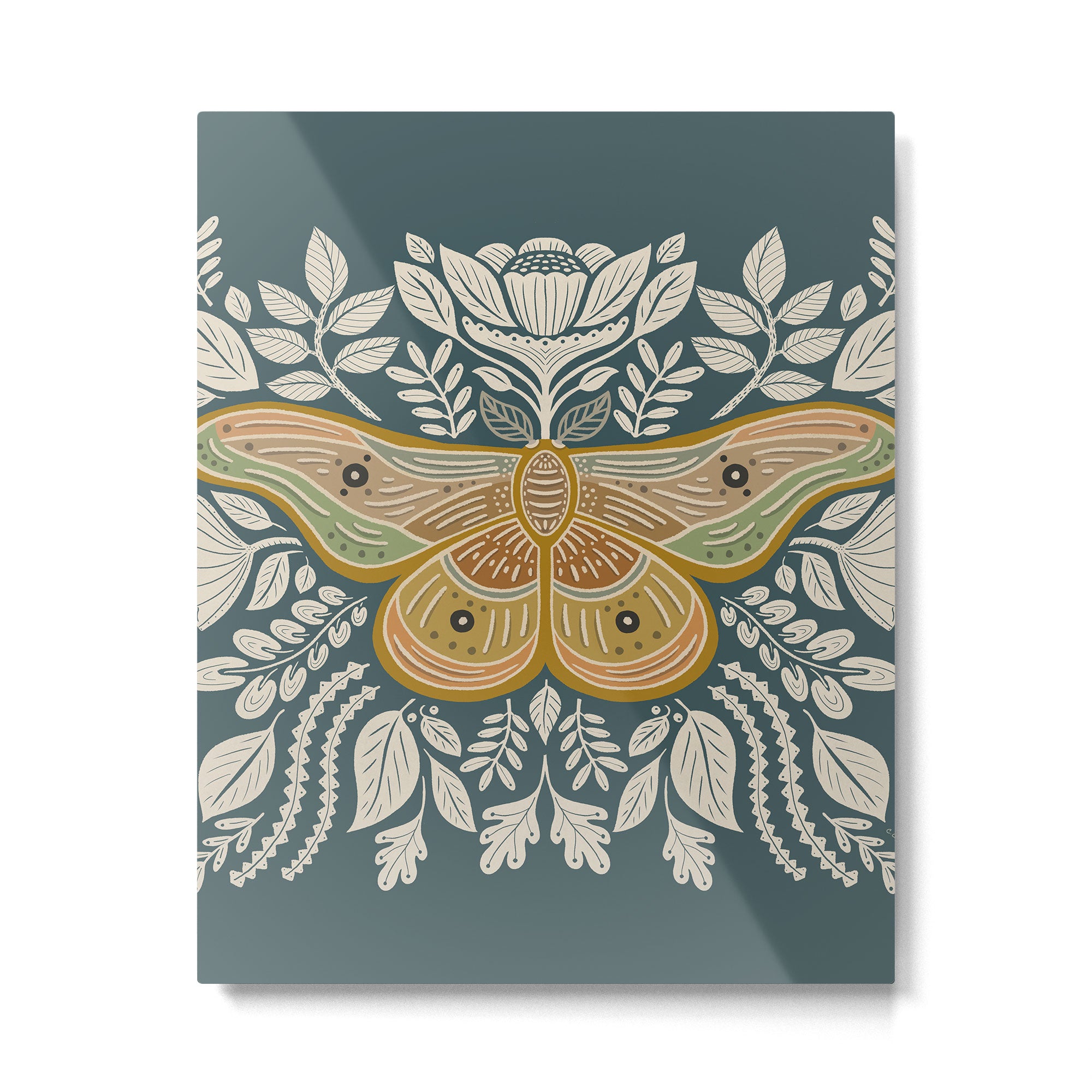 Moth Floral | Gold, Blue-Green Metal Print Gallery Image 6