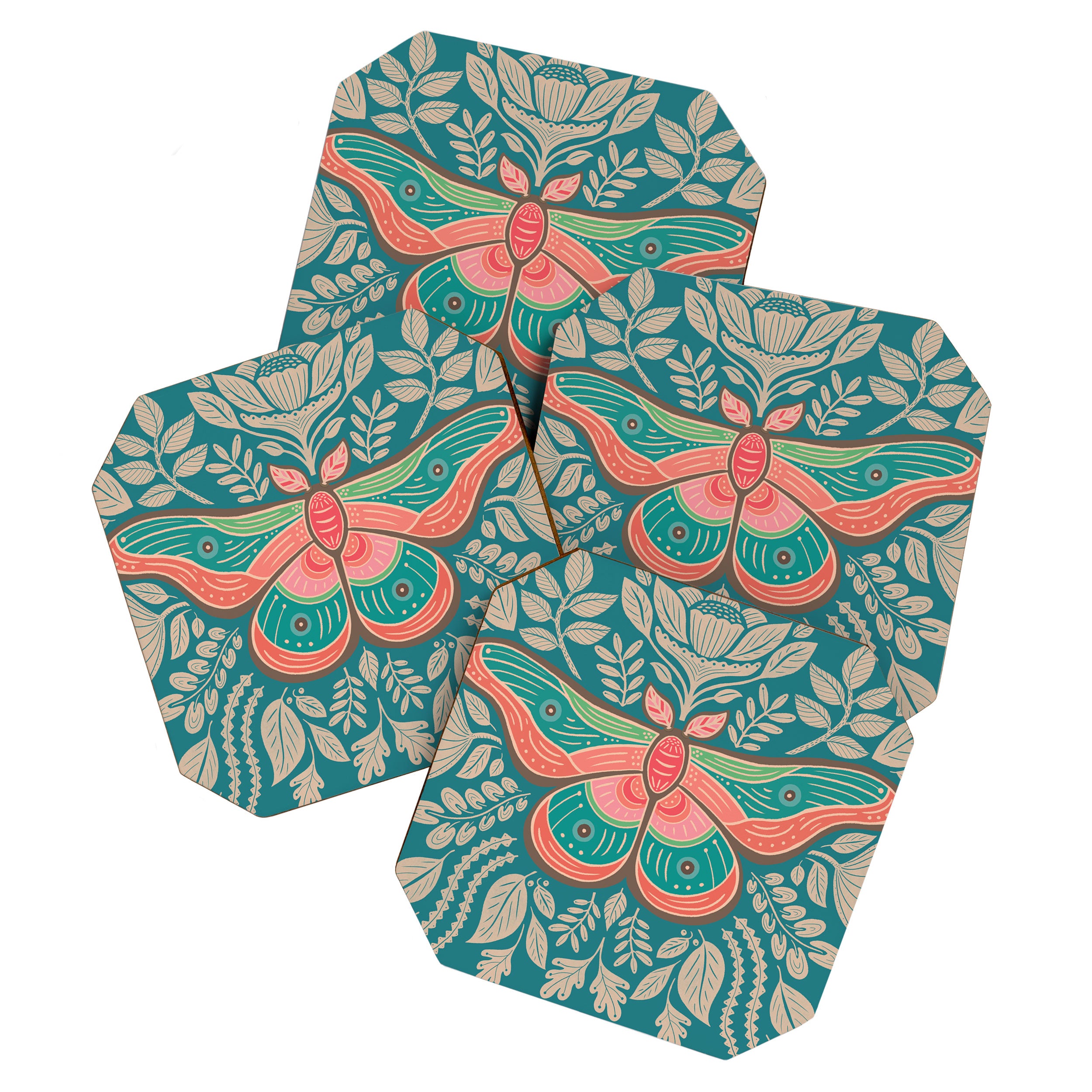 Moth Floral | Teal Coaster Gallery Image 1