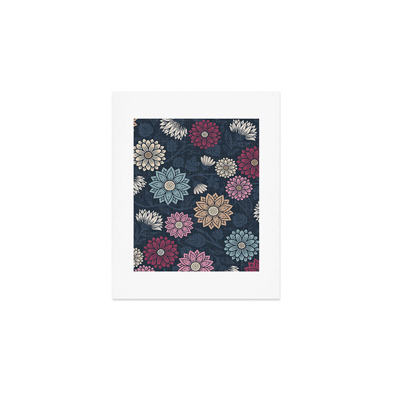 Mums and Vines Floral Burgundy Blues Art Print Gallery Image 1