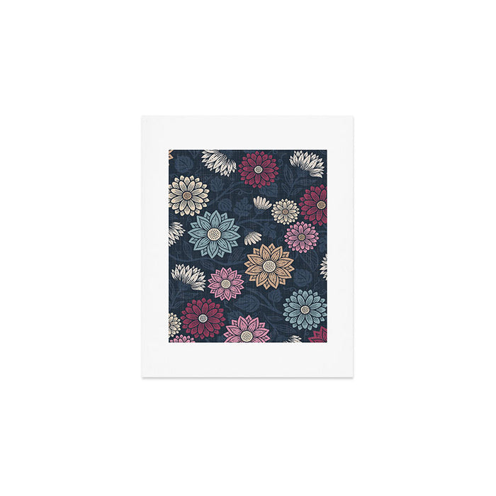 Mums and Vines Floral Burgundy Blues Art Print Gallery Image 1