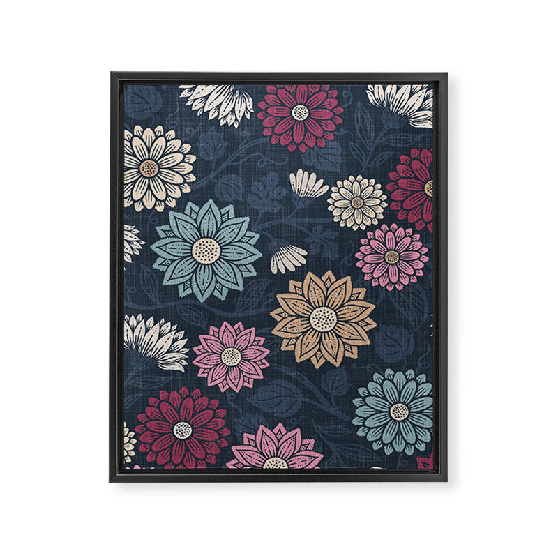 Mums and Vines Floral Burgundy Blues Framed Canvas Print Gallery Image 8