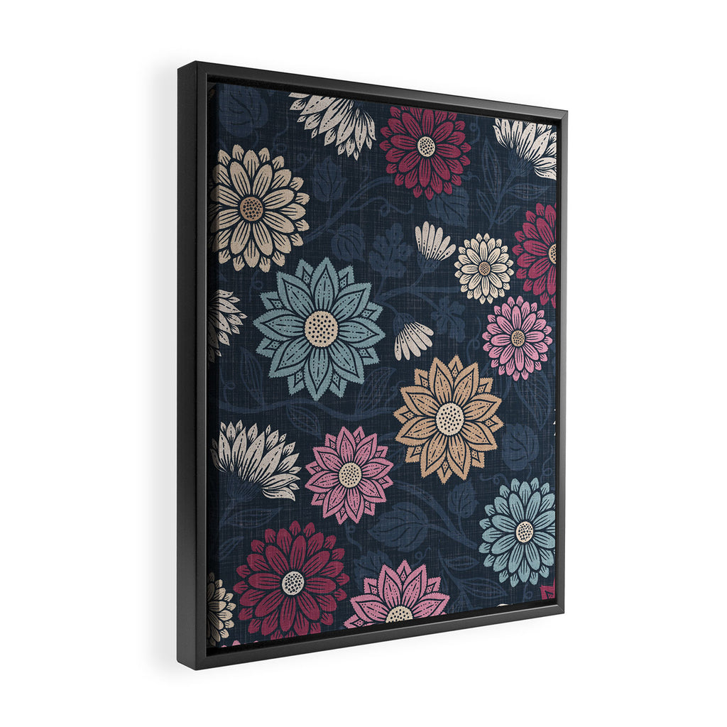 Mums and Vines Floral Burgundy Blues Framed Canvas Print Gallery Image 2