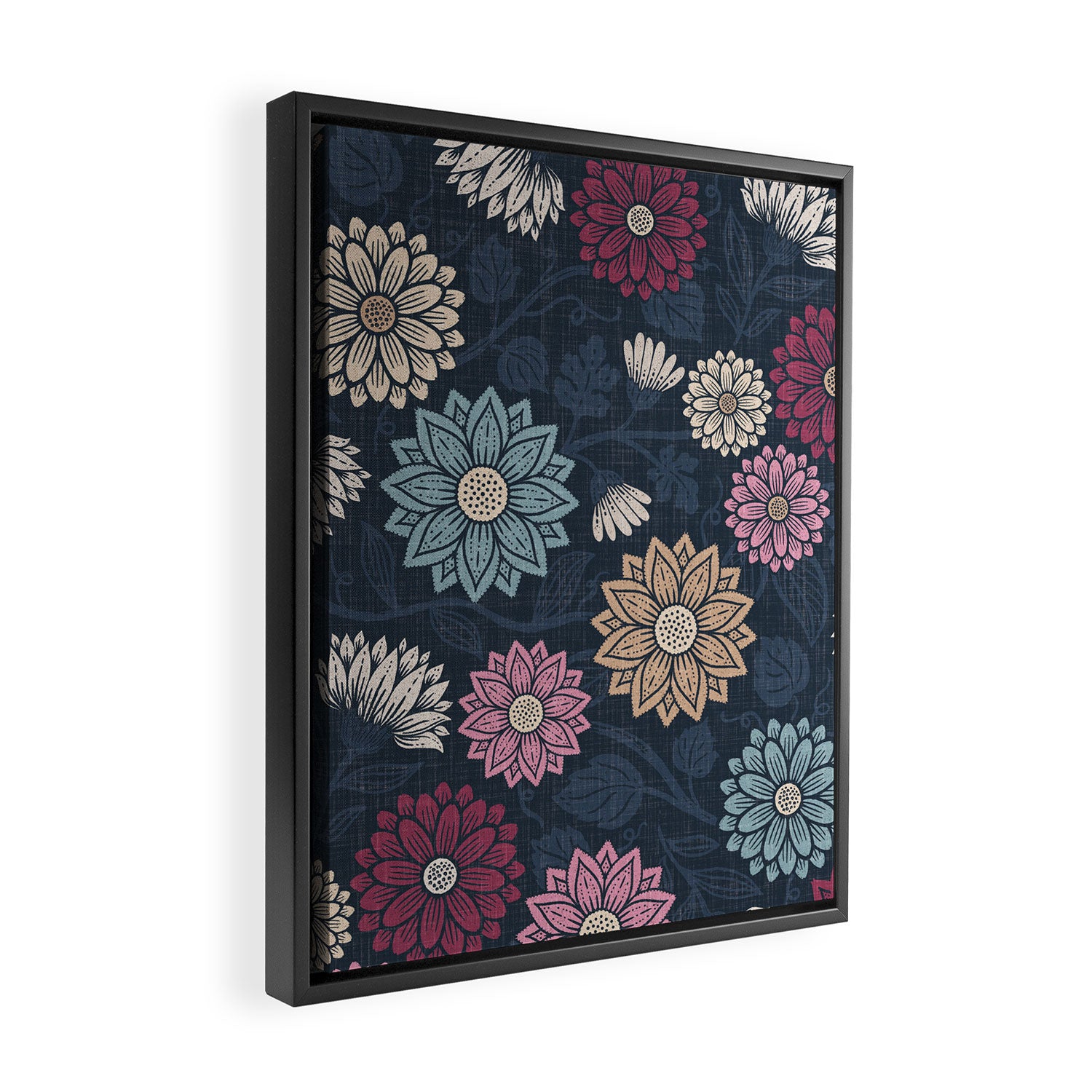 Mums and Vines Floral Burgundy Blues Framed Canvas Print Gallery Image 2