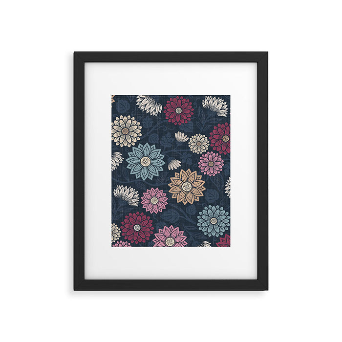 Mums and Vines Floral Burgundy Blues Framed Art Print Gallery Image 1