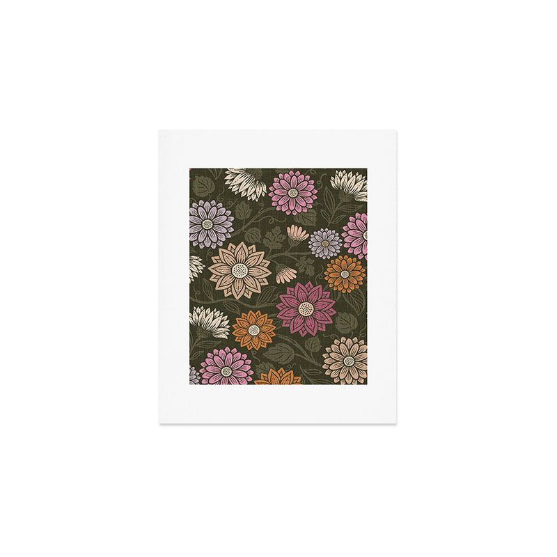 Mums and Vines Floral Mauve Olive and Rust Art Print Gallery Image 1