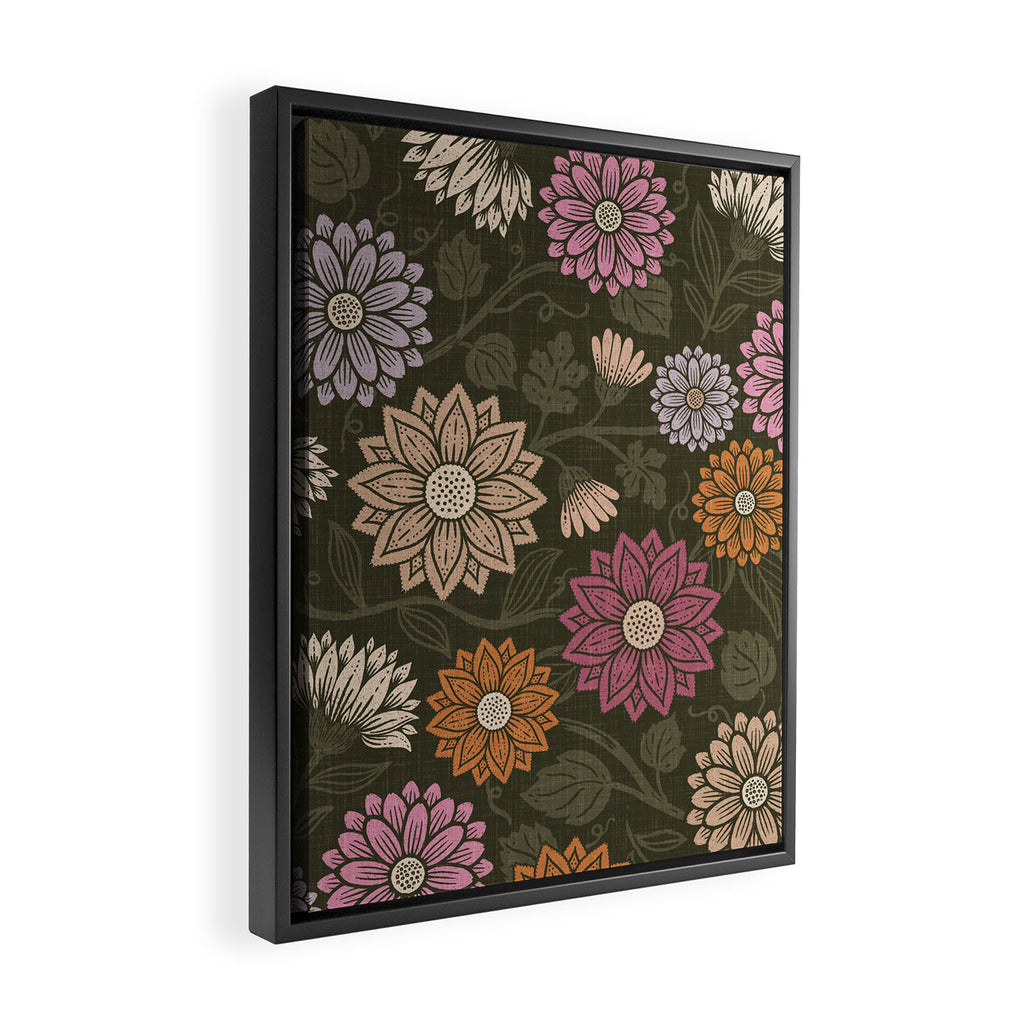 Mums and Vines Floral Mauve Olive and Rust Framed Canvas Print Gallery Image 2