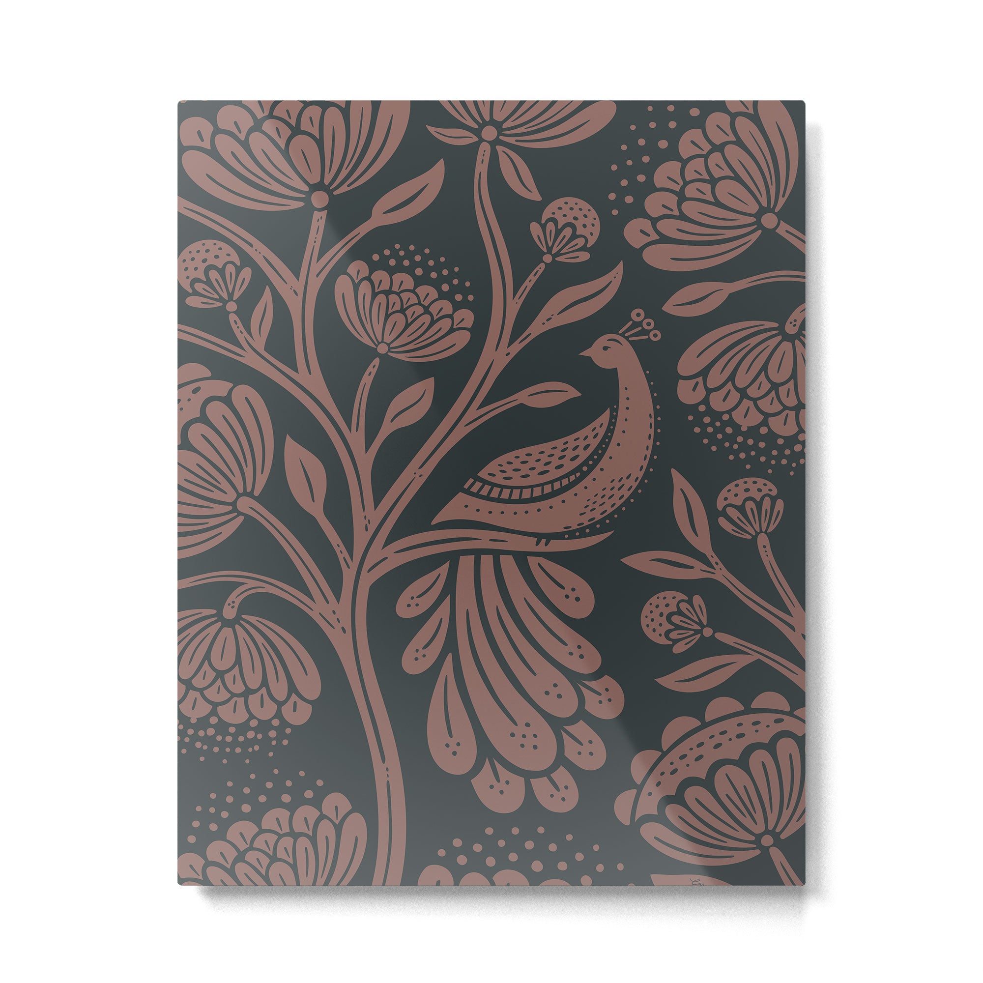 Peacock Dreams - Black & Terracotta Metal Print Gallery Image 4