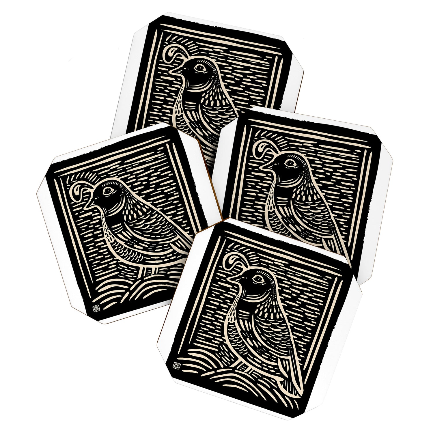 Quail Block Print - Black & Beige Coaster Gallery Image 1