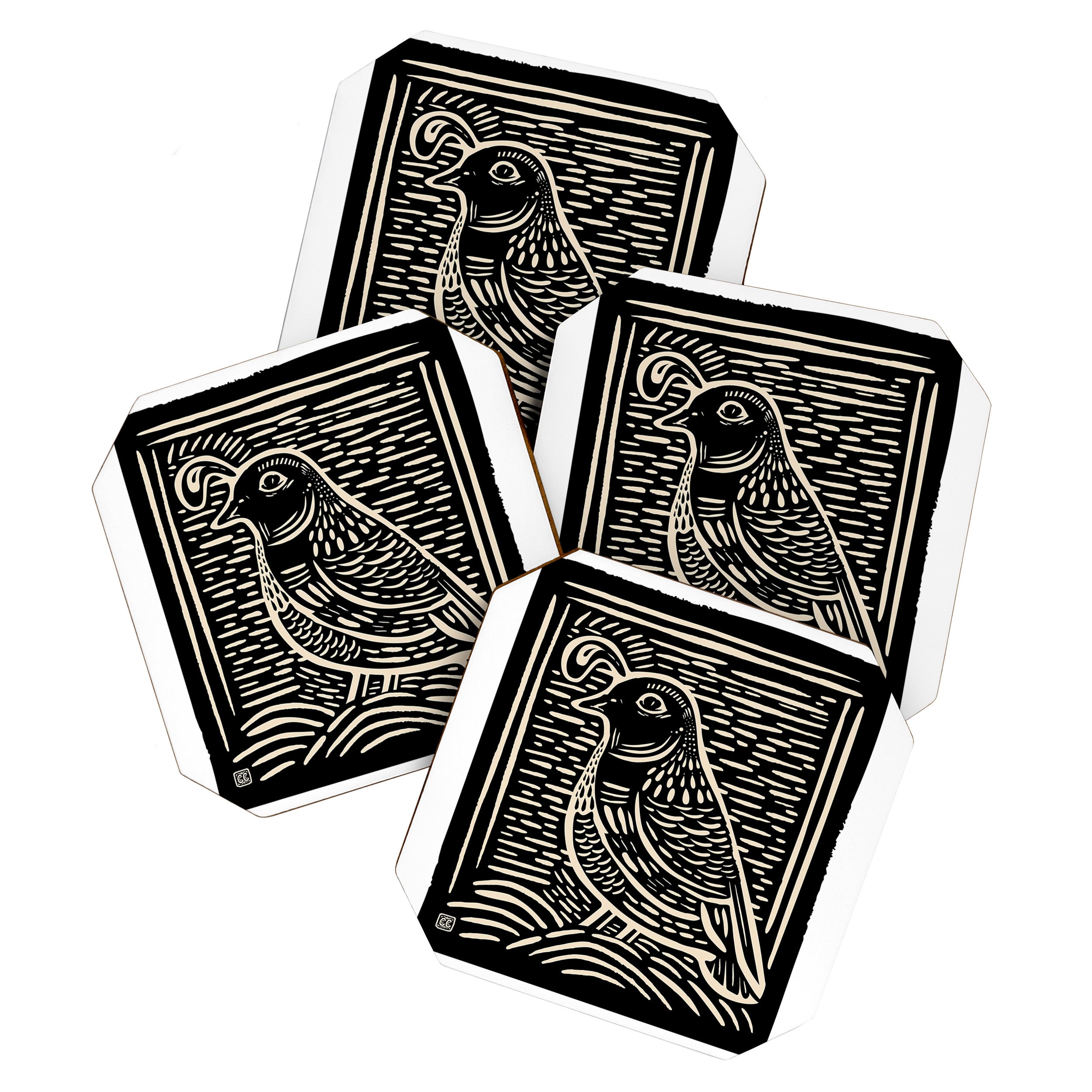 Quail Block Print - Black & Beige Coaster Gallery Image 1