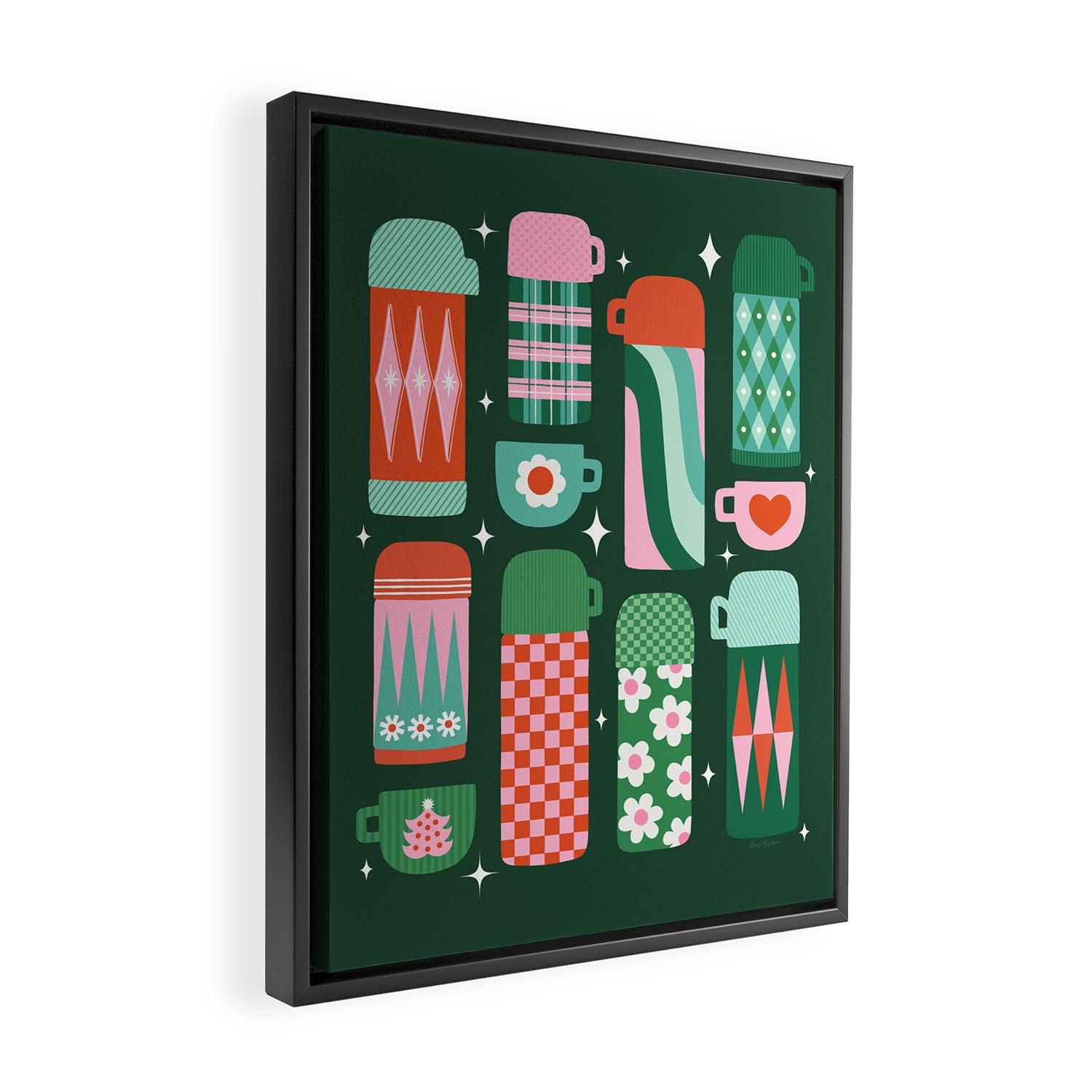 Retro Christmas Coffee Thermoses - Green Framed Canvas Print Gallery Image 2