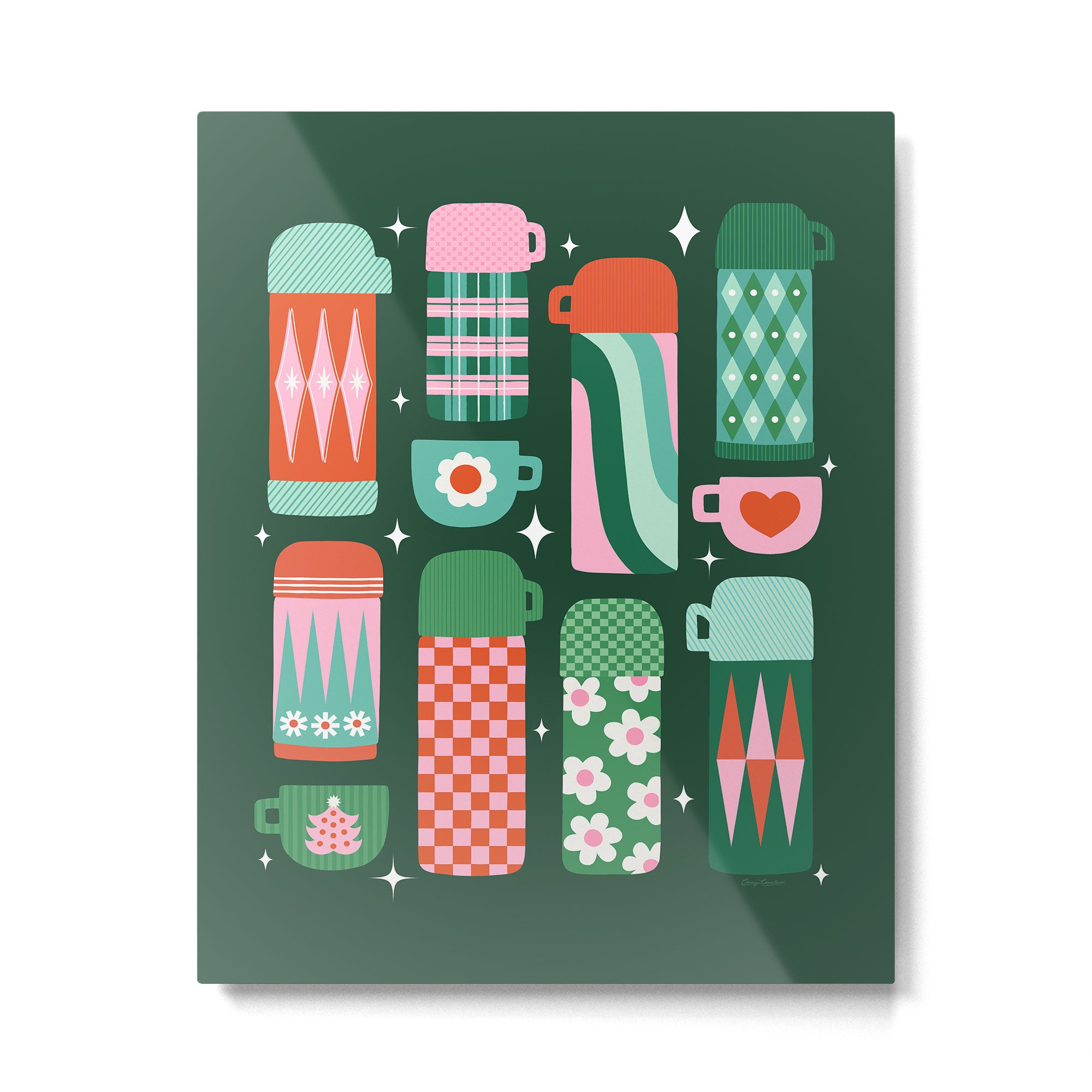Retro Christmas Coffee Thermoses - Green Metal Print Gallery Image 4