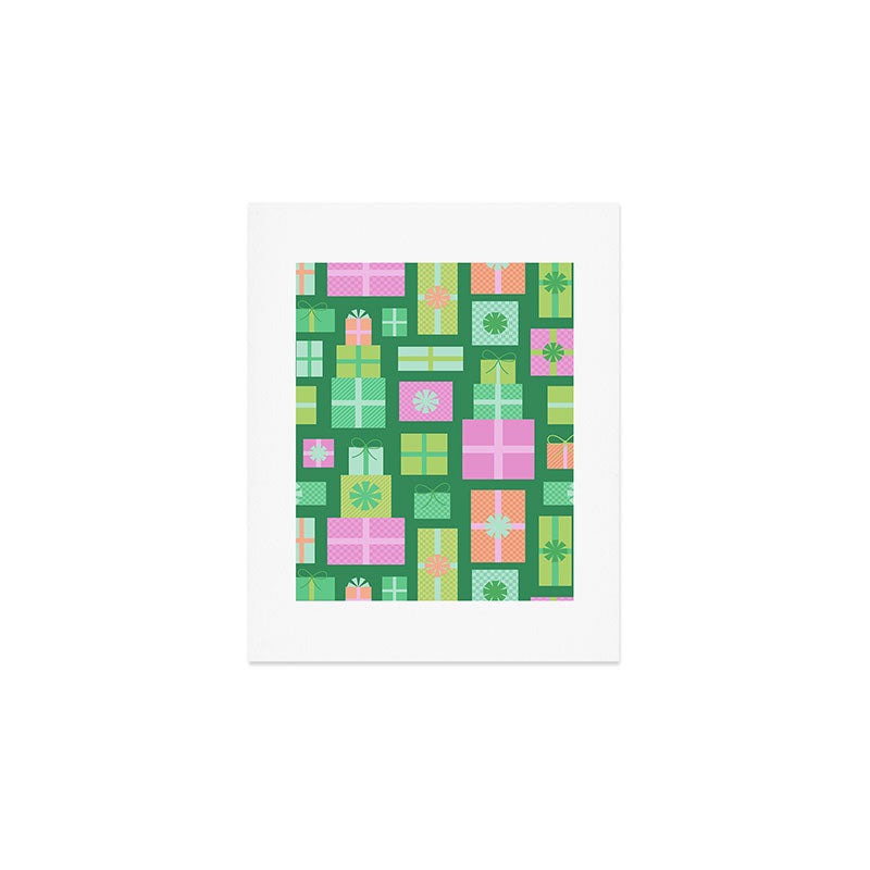 Retro Christmas Presents - Multi on Green Art Print Gallery Image 1