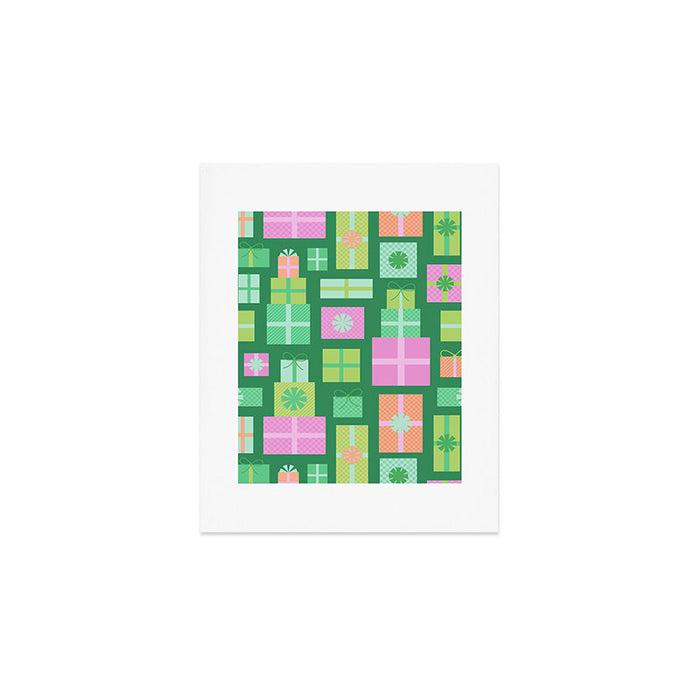 Retro Christmas Presents - Multi on Green Art Print Gallery Image 1