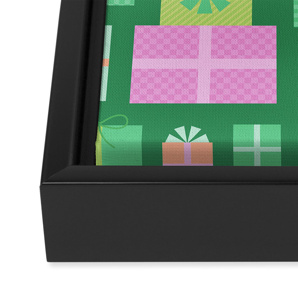 Retro Christmas Presents - Multi on Green Framed Canvas Print Gallery Image 3