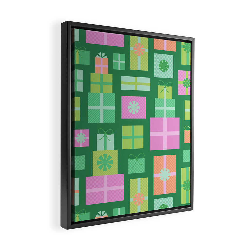 Retro Christmas Presents - Multi on Green Framed Canvas Print Gallery Image 2