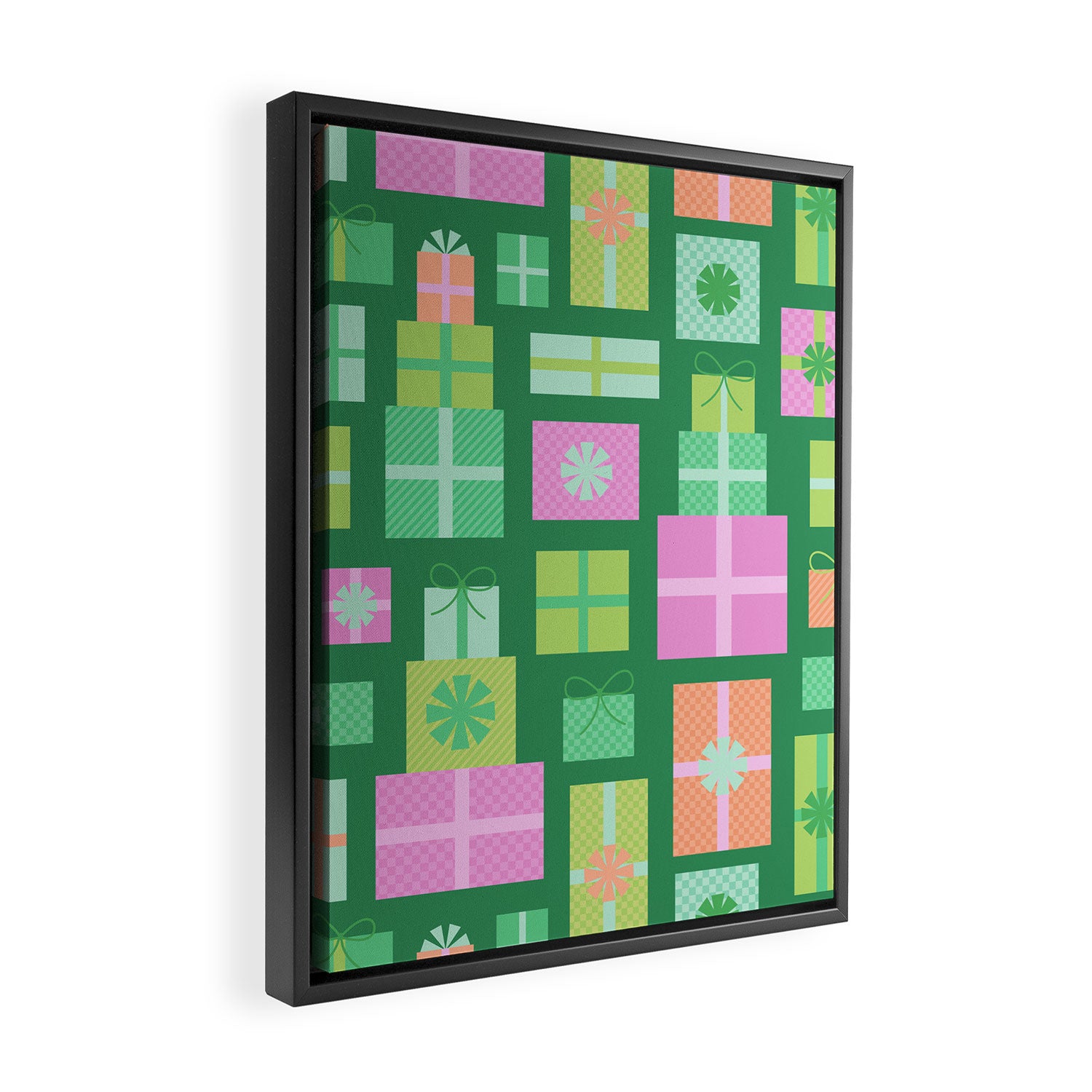 Retro Christmas Presents - Multi on Green Framed Canvas Print Gallery Image 2