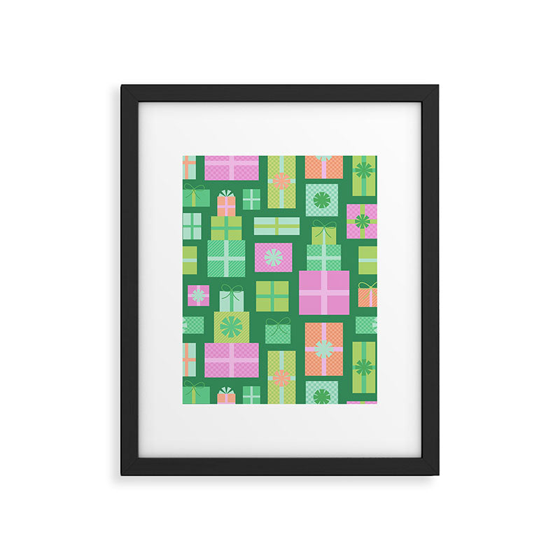 Retro Christmas Presents - Multi on Green Framed Art Print Gallery Image 6