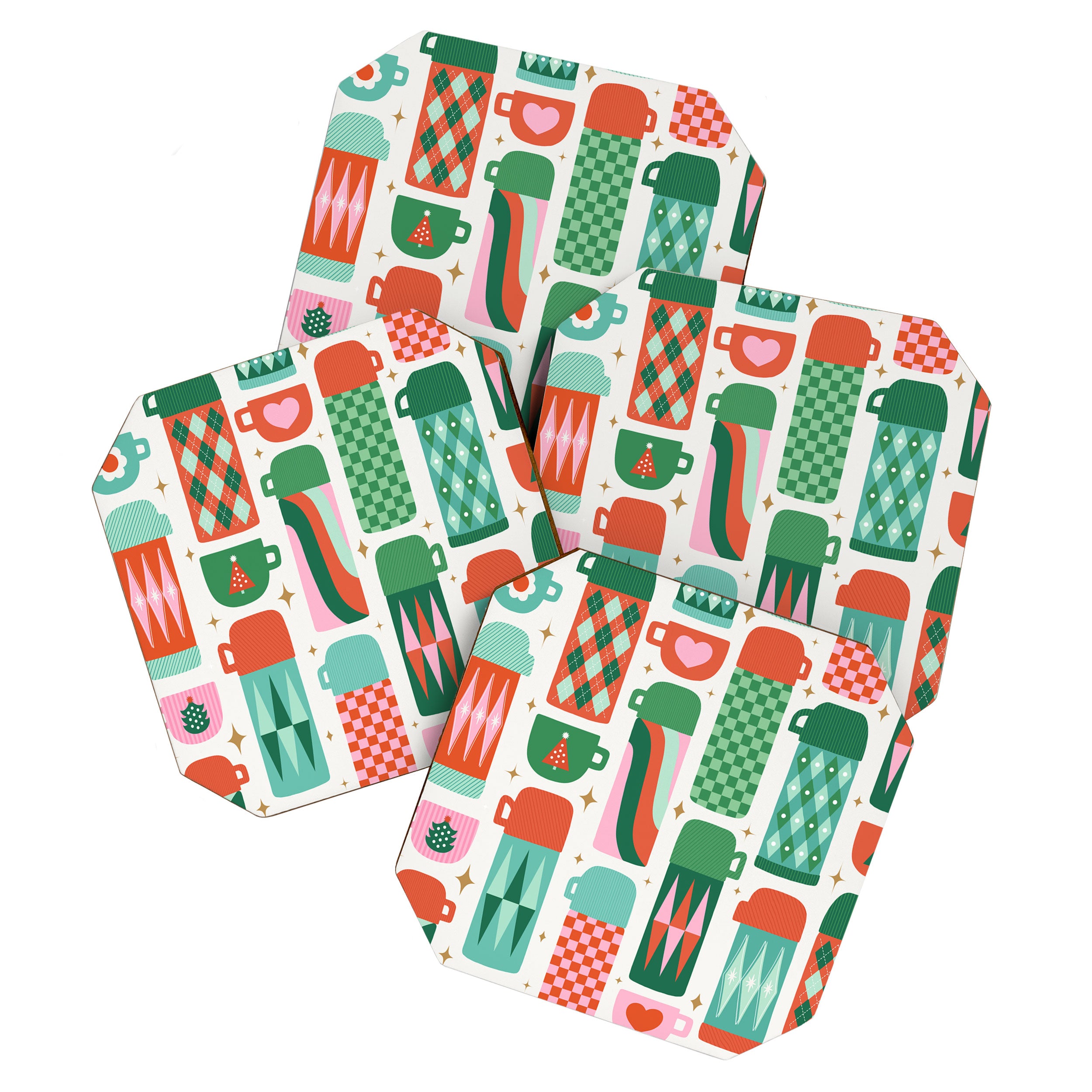 Retro Christmas Thermoses Red Pink and Green on White Coaster Gallery Image 1