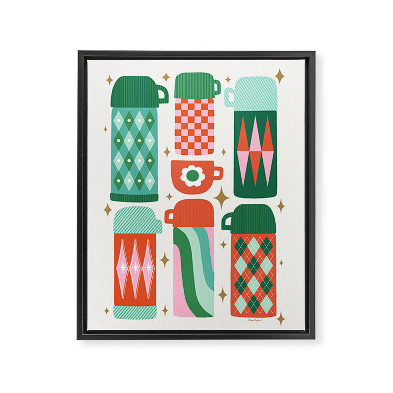 Retro Christmas Thermoses Red Pink and Green on White Framed Canvas Print Gallery Image 6