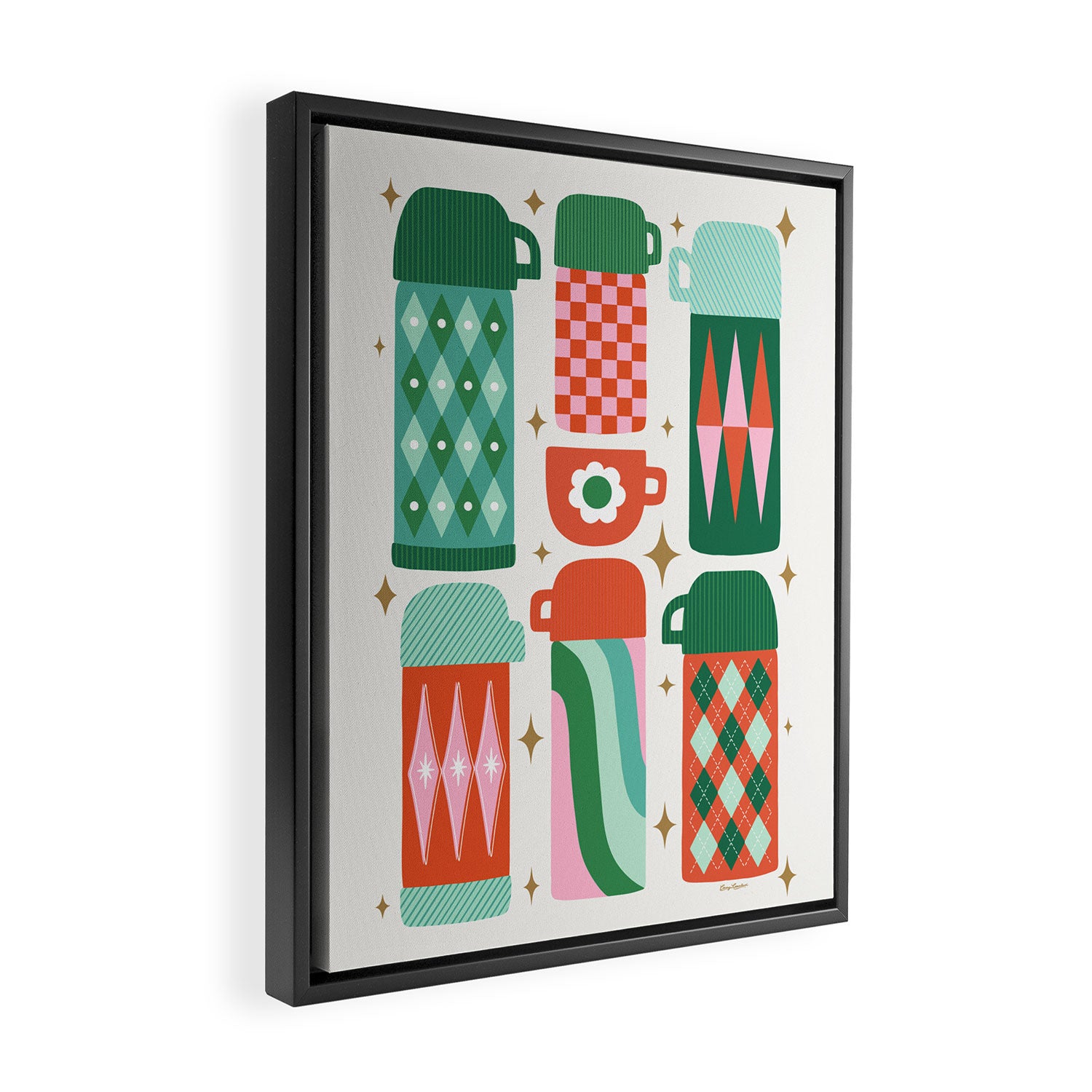 Retro Christmas Thermoses Red Pink and Green on White Framed Canvas Print Gallery Image 2