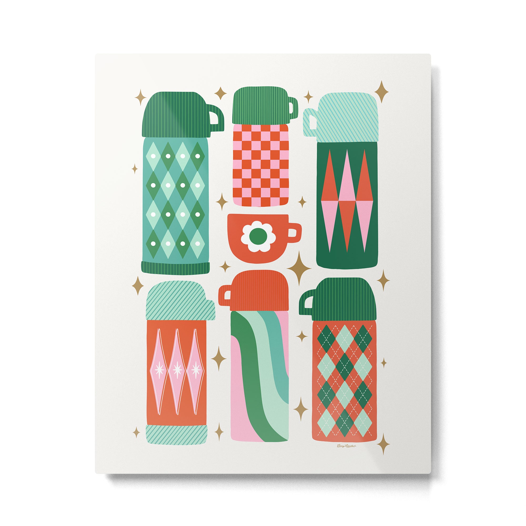 Retro Christmas Thermoses Red Pink and Green on White Metal Print Gallery Image 4