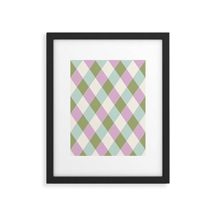 Retro Harlequin Plaid - Lavender, Green, Blue Framed Art Print Gallery Image 1
