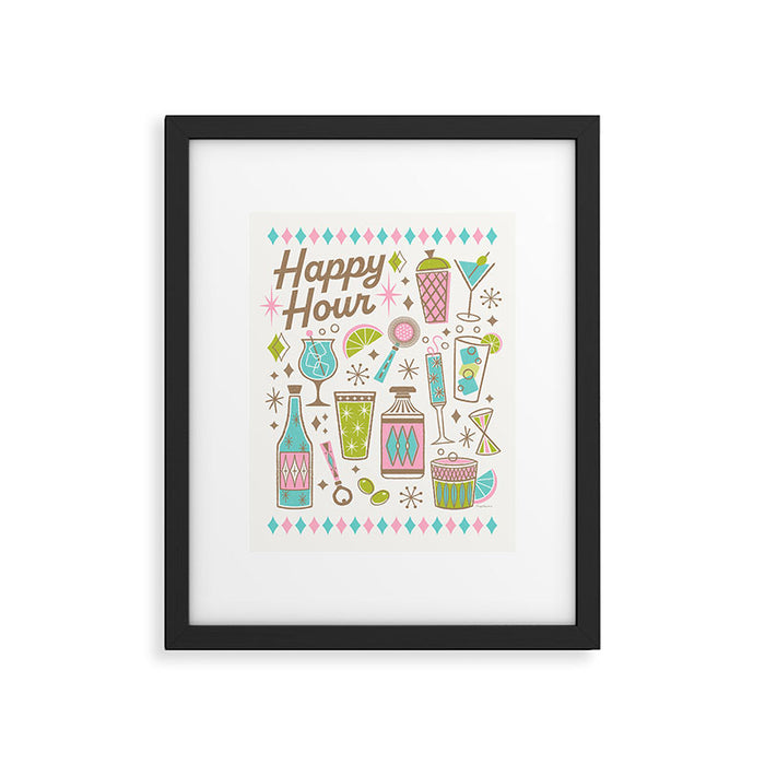 Retro Mid Century Happy Hour - Pink Green and Blue Framed Art Print Gallery Image 1