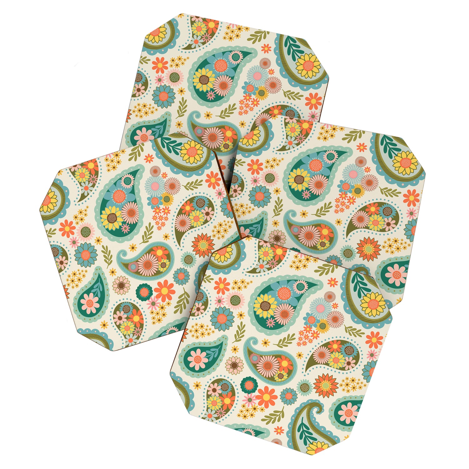 Retro Paisley Floral - Multicolored on Cream Coaster Gallery Image 1