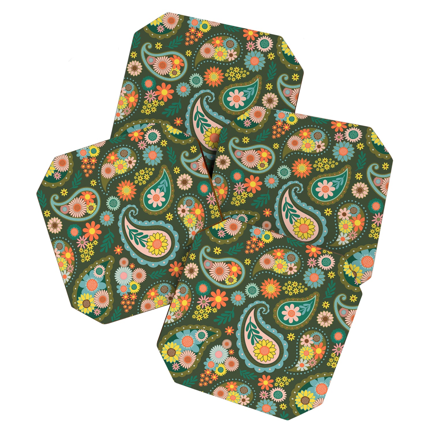 Retro Paisley Floral - Multicolored on Olive Green Coaster Gallery Image 1