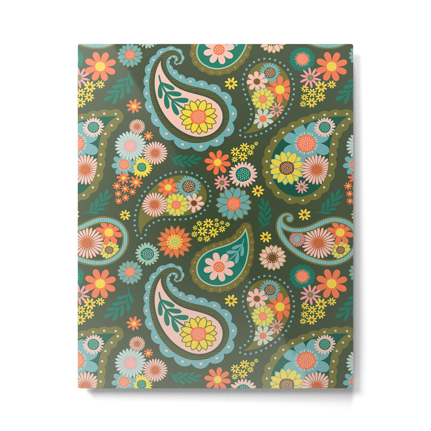 Retro Paisley Floral - Multicolored on Olive Green Metal Print Gallery Image 6