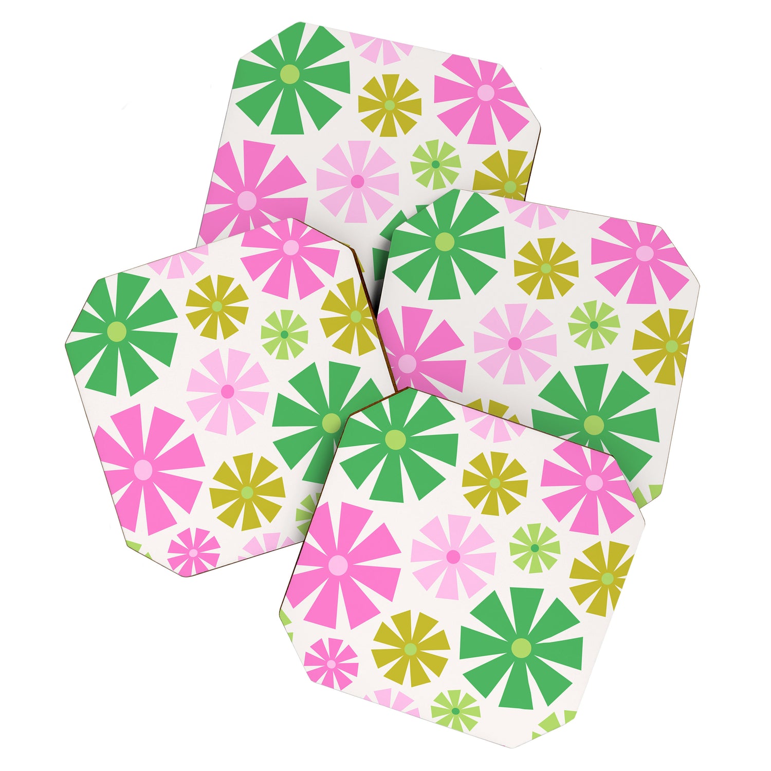 Retro Pinwheel Snowflakes - Green & Pink Coaster Gallery Image 1