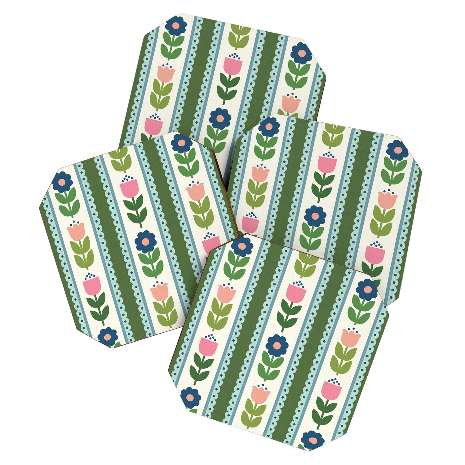 Scandi-Floral Stripes Green Pink Blue Coaster Gallery Image 1