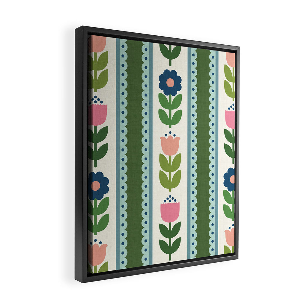 Scandi-Floral Stripes Green Pink Blue Framed Canvas Print Gallery Image 2