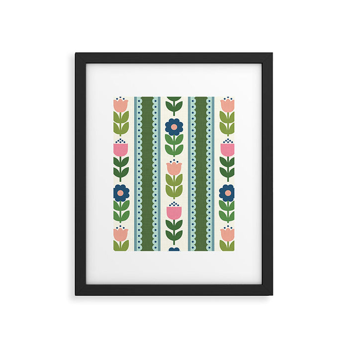 Scandi-Floral Stripes Green Pink Blue Framed Art Print Gallery Image 1