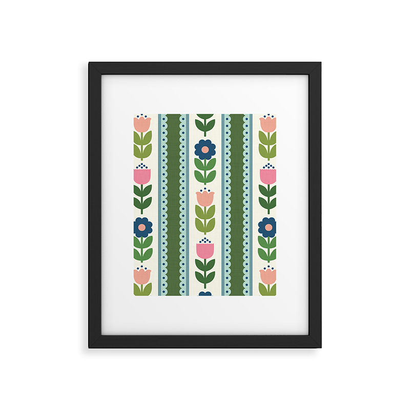 Scandi-Floral Stripes Green Pink Blue Framed Art Print Gallery Image 6