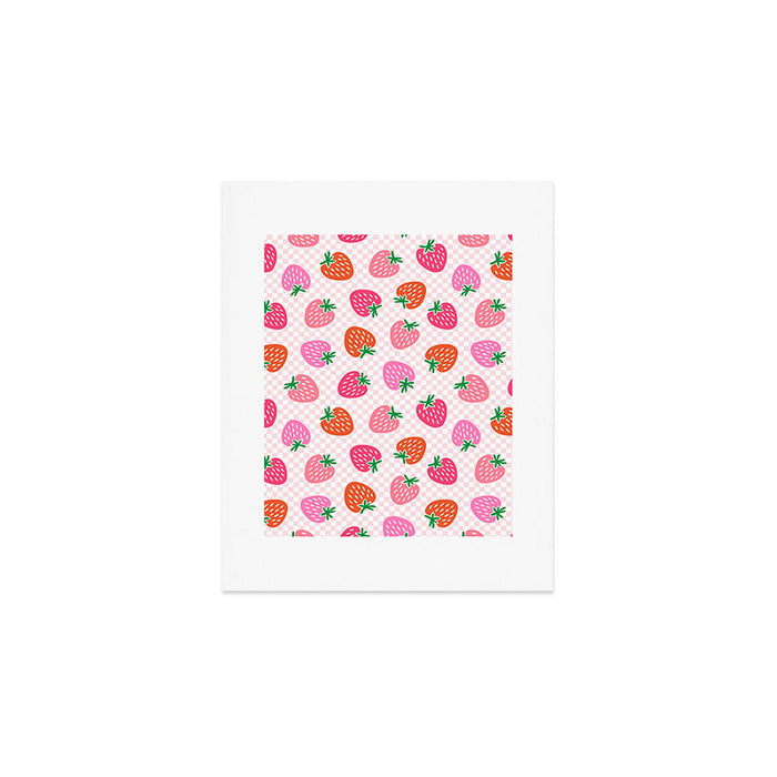 Strawberry Toss on Checks - Pink and Green Art Print Gallery Image 1